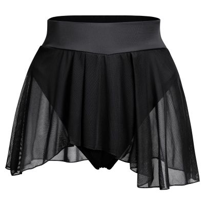 Women's Ruffle Dance Shorts Mesh Tulle Elastic Waist Asymmetrical Hem Rave Booty Bottoms Active Dancewear Skorts Skirted Short Pants Black X-Large