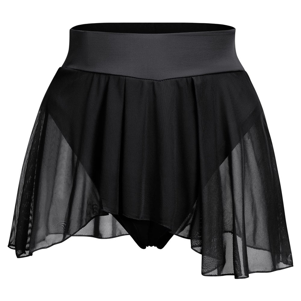 Women's Ruffle Dance Shorts Mesh Tulle Elastic Waist Asymmetrical Hem Rave Booty Bottoms Active Dancewear Skorts Skirted Short Pants Black X-Large