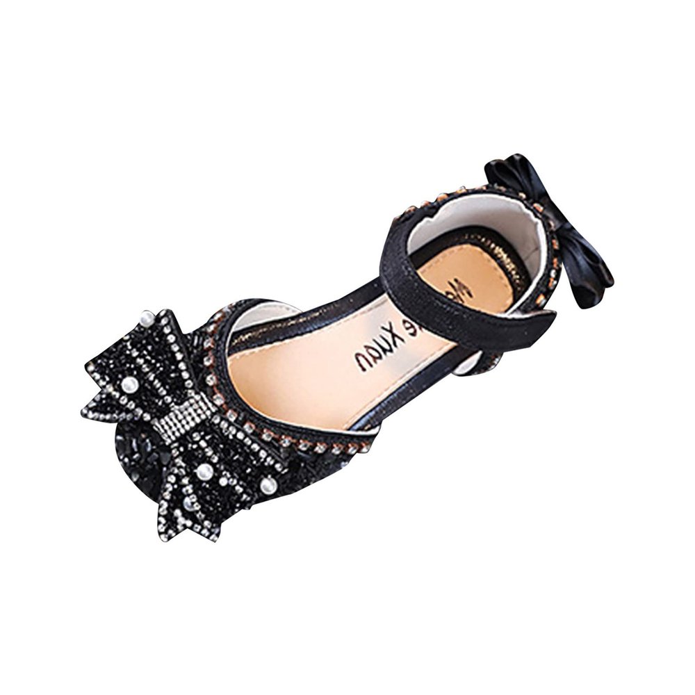 Baby Dress Shoes Spring Autumn New Children Girls Flat Pearl Crystal Shoes Bow Princess Shoes PU (Black, 5-5.5 Years)