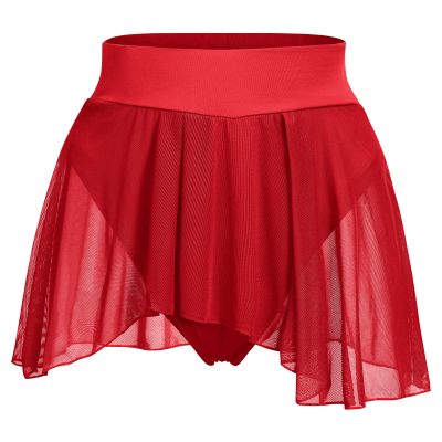 Women's Ruffle Dance Shorts Mesh Tulle Elastic Waist Asymmetrical Hem Rave Booty Bottoms Active Dancewear Skorts Skirted Short Pants Red XX-Large