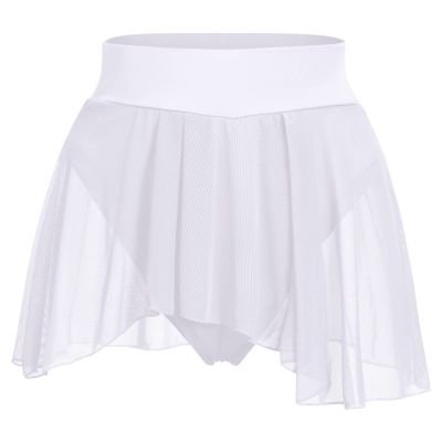 Women's Ruffle Dance Shorts Mesh Tulle Elastic Waist Asymmetrical Hem Rave Booty Bottoms Active Dancewear Skorts Skirted Short Pants White X-Large