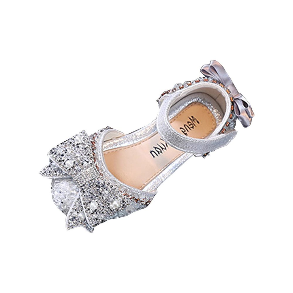 Baby Dress Shoes Spring Autumn New Children Girls Flat Pearl Crystal Shoes Bow Princess Shoes PU (Silver, 5-5.5 Years)