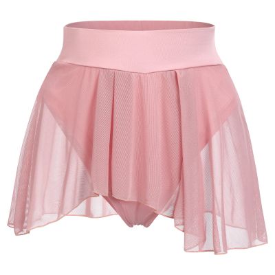 Women's Ruffle Dance Shorts Mesh Tulle Elastic Waist Asymmetrical Hem Rave Booty Bottoms Active Dancewear Skorts Skirted Short Pants Pink Small