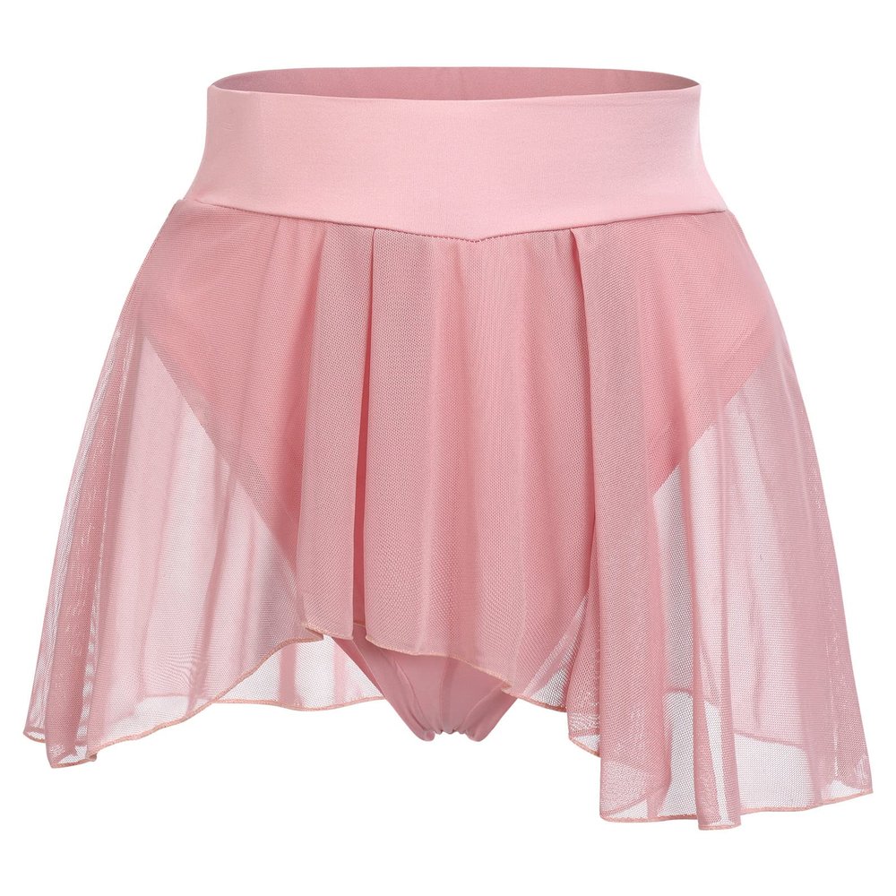 Women's Ruffle Dance Shorts Mesh Tulle Elastic Waist Asymmetrical Hem Rave Booty Bottoms Active Dancewear Skorts Skirted Short Pants Pink Small