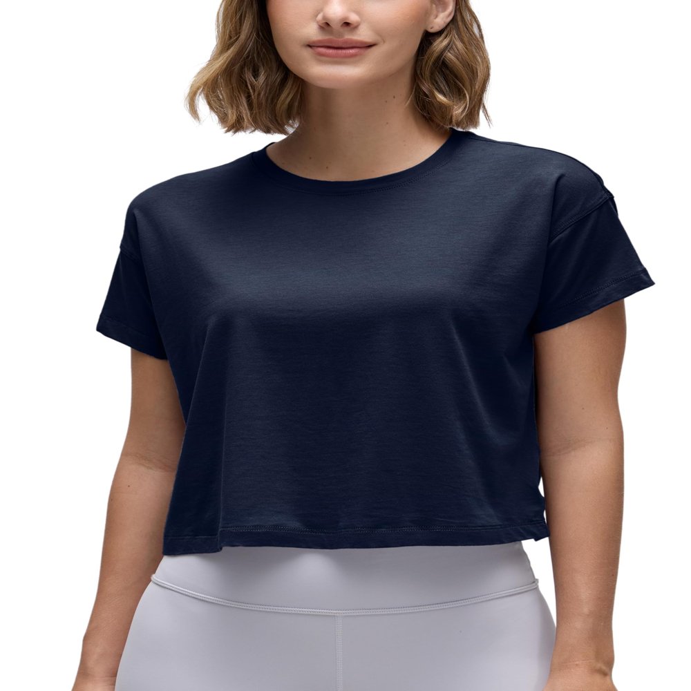 CRZ YOGA Pima Cotton Crewneck Crop T-Shirt Navy Medium