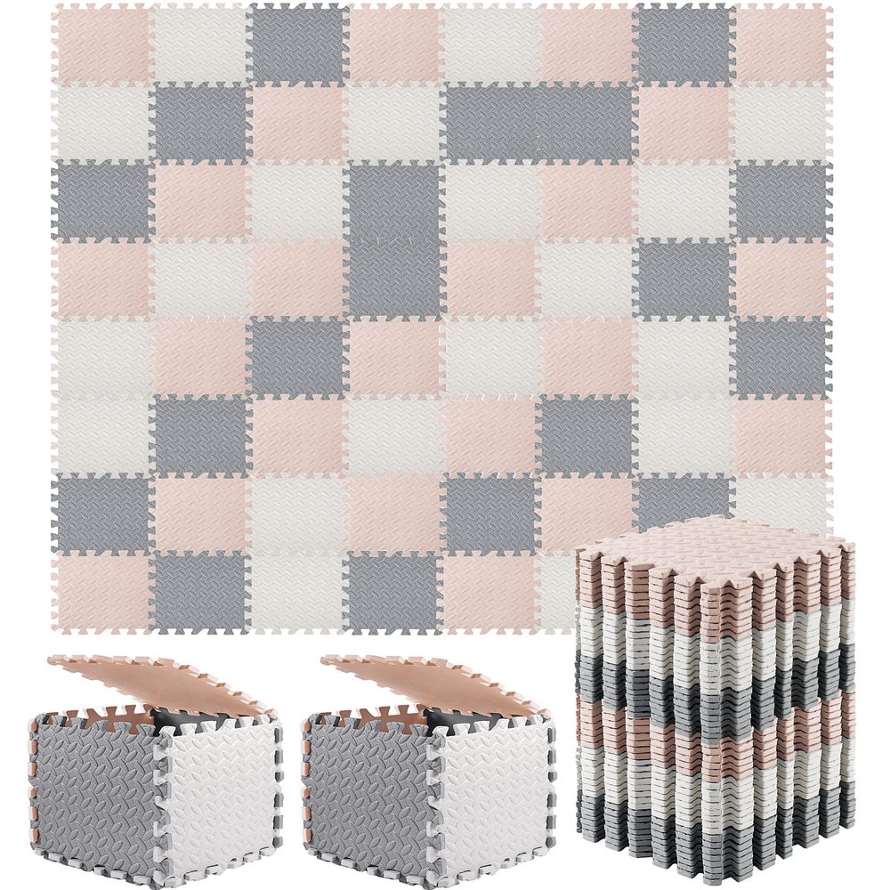Shihanee Foam Floor Tiles Foam Floor Mats Play Mats Bulk with Borders Interlocking for Gym Nursery Bedroom(64ft,White, Beige, Gray)