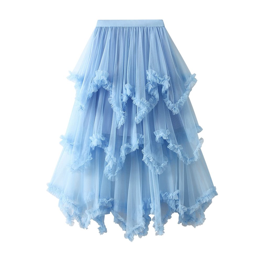 Women's Tulle Skirt Asymmetrical Pleated Elastic High Waist Layered Tutu Skirt Casual Cocktail Party A-Line Mesh Midi Skirt (Ruffle Blue, One Size)
