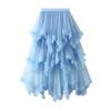 Women's Tulle Skirt Asymmetrical Pleated Elastic High Waist Layered Tutu Skirt Casual Cocktail Party A-Line Mesh Midi Skirt (Ruffle Blue, One Size) view 1