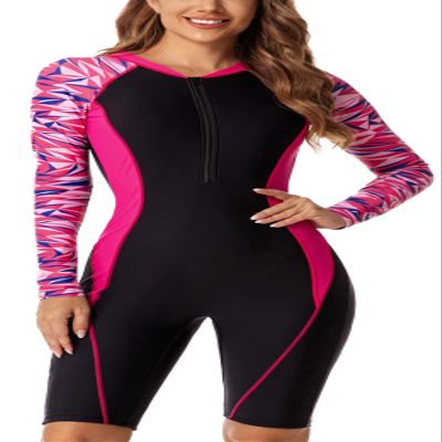 Women's Long Sleeve Swimsuit Zip Up One Piece Rashguard Sun Protection Printed Swim Bathing Suit Quick Dry Nylon Boyleg Swimsuit Large
