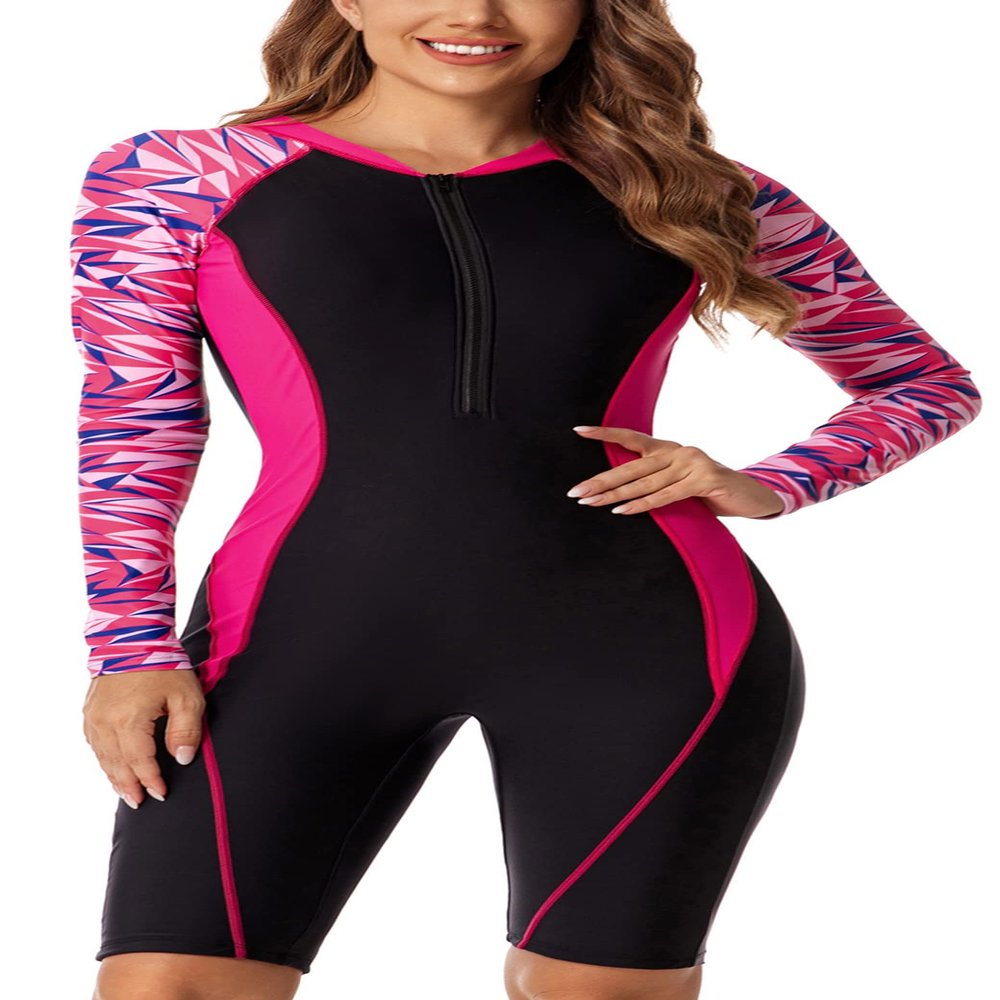 Women's Long Sleeve Swimsuit Zip Up One Piece Rashguard Sun Protection Printed Swim Bathing Suit Quick Dry Nylon Boyleg Swimsuit Large