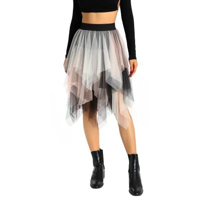 Women's Tulle Skirt Asymmetrical Pleated Elastic High Waist Layered Tutu Skirt Casual Cocktail Party A-Line Mesh Midi Skirt (Patchwork Pink Black, One Size)