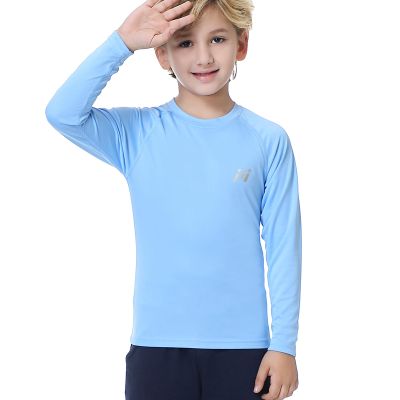 MEETWEE Children's Base Layer Boys Long Sleeve Shirt Quick Dry Kids Thermal Long Underwear,UPF50+ Boy Rash Guard Shirts Light Blue