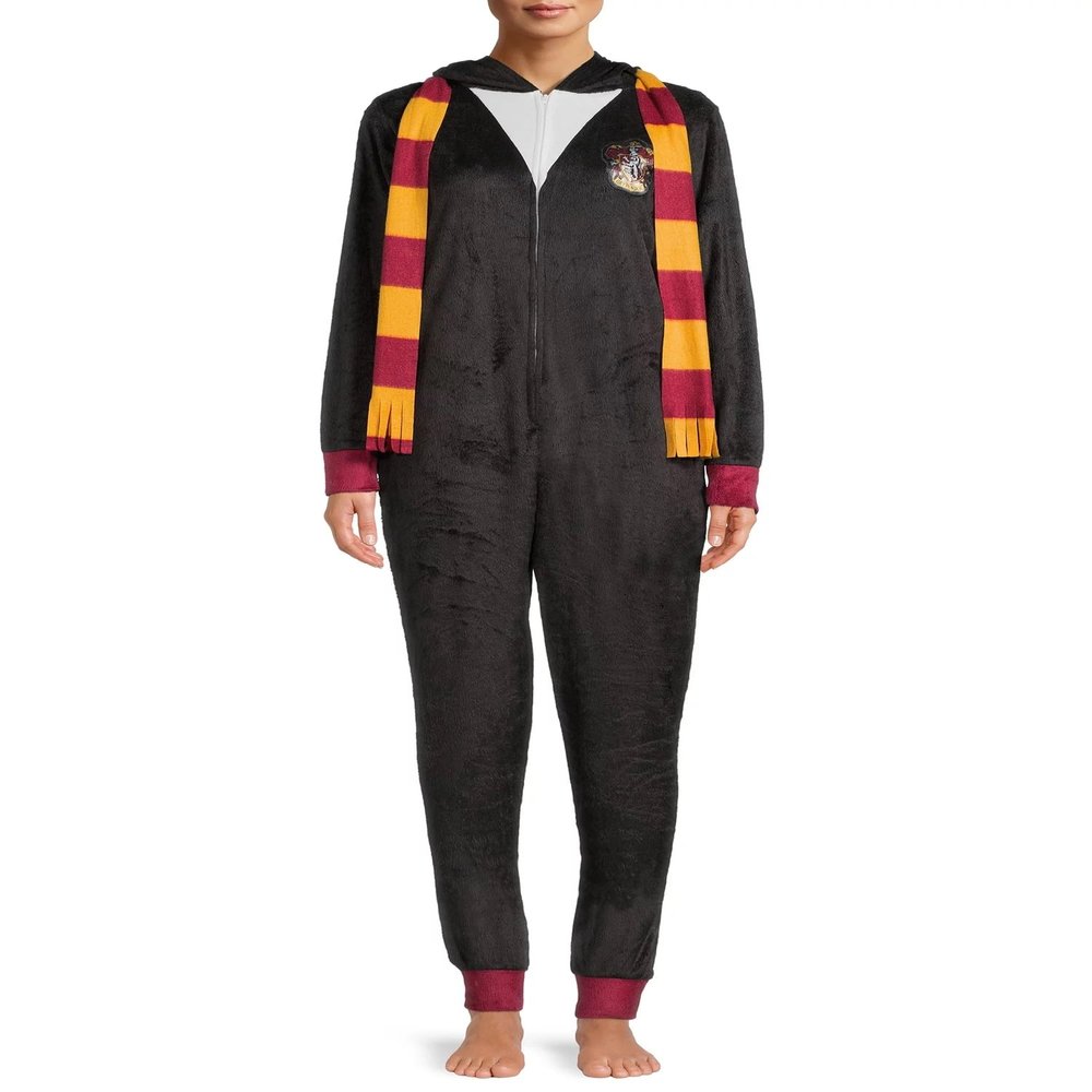 Harry Potter Women's Hooded Gryffindor Fleece Pyjamas Union Suit, Black, 3X