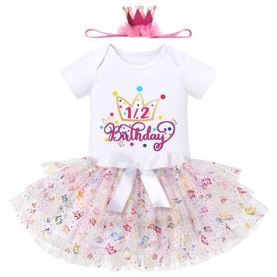 IDOPIP My 1/2 1st Birthday Outfit Baby Girls Shiny Crown Romper + Ruffle Tulle Skirt + Sequins Crown Headband Glitter Party Dress Clothes for Cake Smash Photo Prop White - 1/2 Birthday 9-12 Months