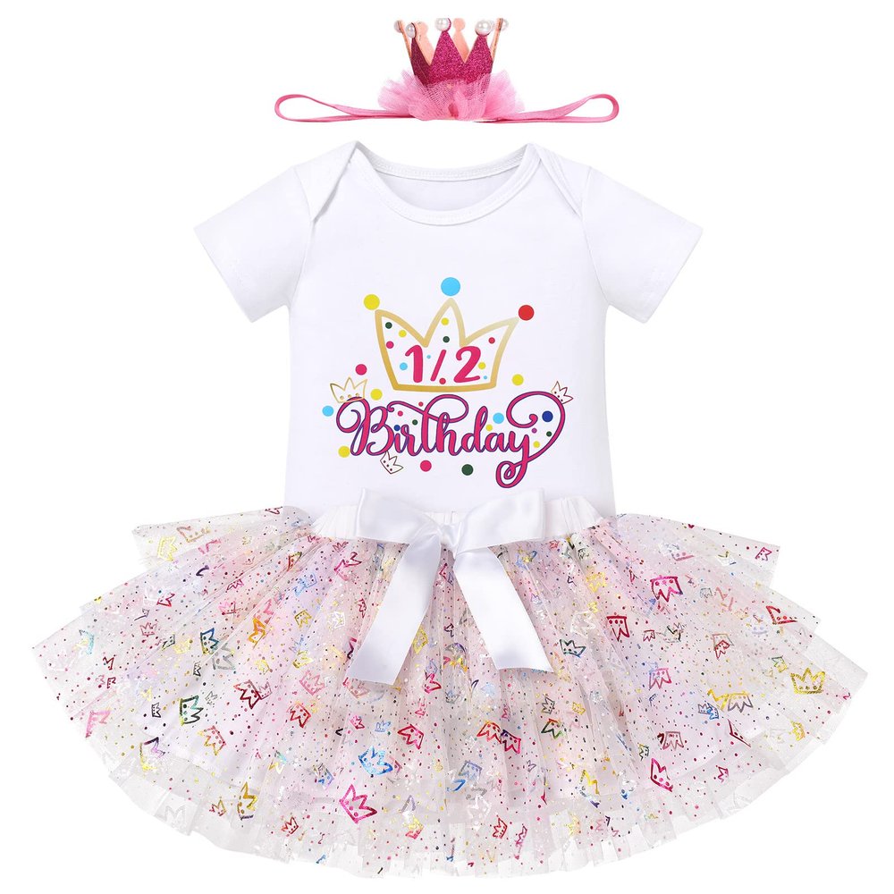 IDOPIP My 1/2 1st Birthday Outfit Baby Girls Shiny Crown Romper + Ruffle Tulle Skirt + Sequins Crown Headband Glitter Party Dress Clothes for Cake Smash Photo Prop White - 1/2 Birthday 9-12 Months
