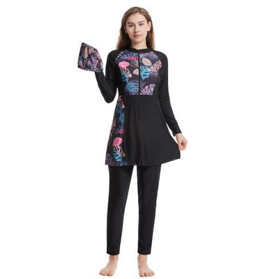 Muslim Swimsuits for Women Modest Swimwear Islamic Long Sleeve Burkini Swimsuits Full Cover Hijab Swimming Cap + Floral Print Zipper Tops + Pants 3 Pieces Tankini Set Bathing Suits Black M