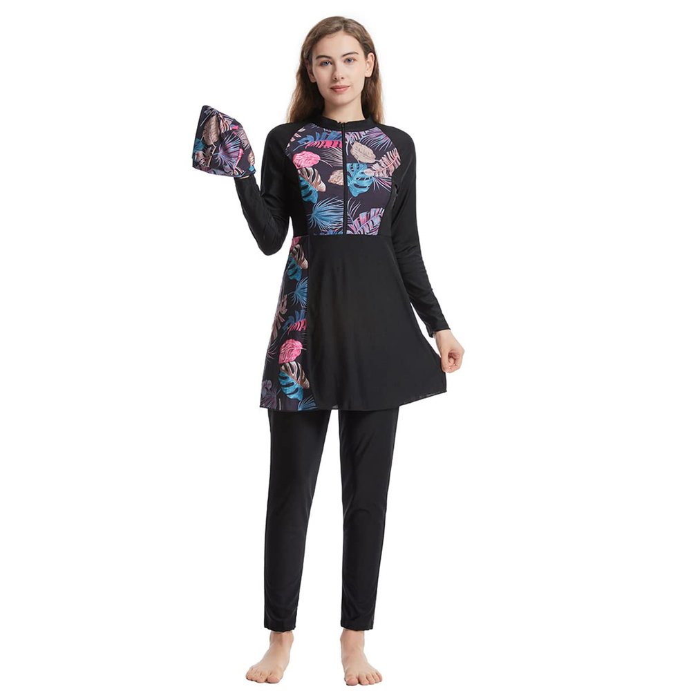 Muslim Swimsuits for Women Modest Swimwear Islamic Long Sleeve Burkini Swimsuits Full Cover Hijab Swimming Cap + Floral Print Zipper Tops + Pants 3 Pieces Tankini Set Bathing Suits Black M
