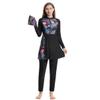 Muslim Swimsuits for Women Modest Swimwear Islamic Long Sleeve Burkini Swimsuits Full Cover Hijab Swimming Cap + Floral Print Zipper Tops + Pants 3 Pieces Tankini Set Bathing Suits Black M view 1