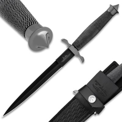 Gil Hibben Black Shadow Dagger | 7 1/2" Double-Edged Pewter-Colored Blade | Wire-Wrapped Handle | Chrome Guard and Pommel | Leather Sheath Included | 12 3/4" Overall Length