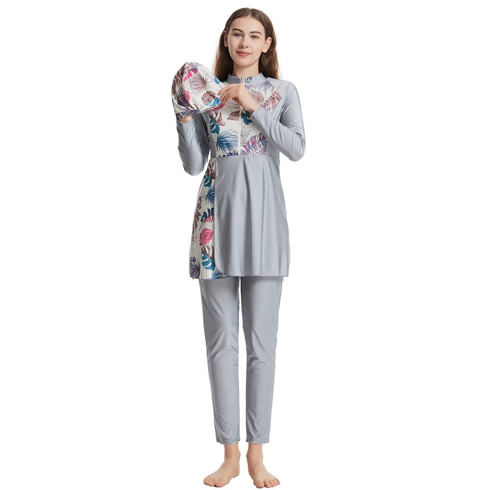 Muslim Swimsuits for Women Modest Swimwear Islamic Long Sleeve Burkini Swimsuits Full Cover Hijab Swimming Cap + Floral Print Zipper Tops + Pants 3 Pieces Tankini Set Bathing Suits Gray XL