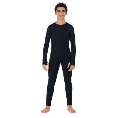 Cuddl Duds Boys Heavyweight Fleece Lined 2 Piece Thermal Underwear Set Long Sleeve Shirt & Leggings Base Layer for Cold Weather Winter Clothing Long Johns Lounge Sets for Kids, Black, M