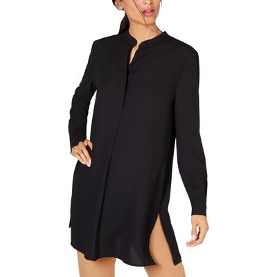 Anne Klein POP-Over Blouse with Covered Placket and Side Slit Asphalt
