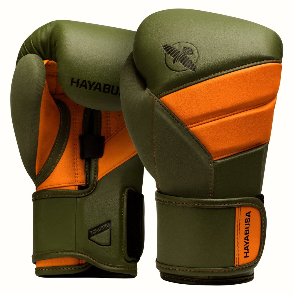 Hayabusa T3 Boxing Gloves for Men and Women Wrist and Knuckle Protection, Dual-X Hook and Loop Closure, Splinted Wrist Support, 5 Layer Foam Knuckle Padding - Green/Orange, 10oz