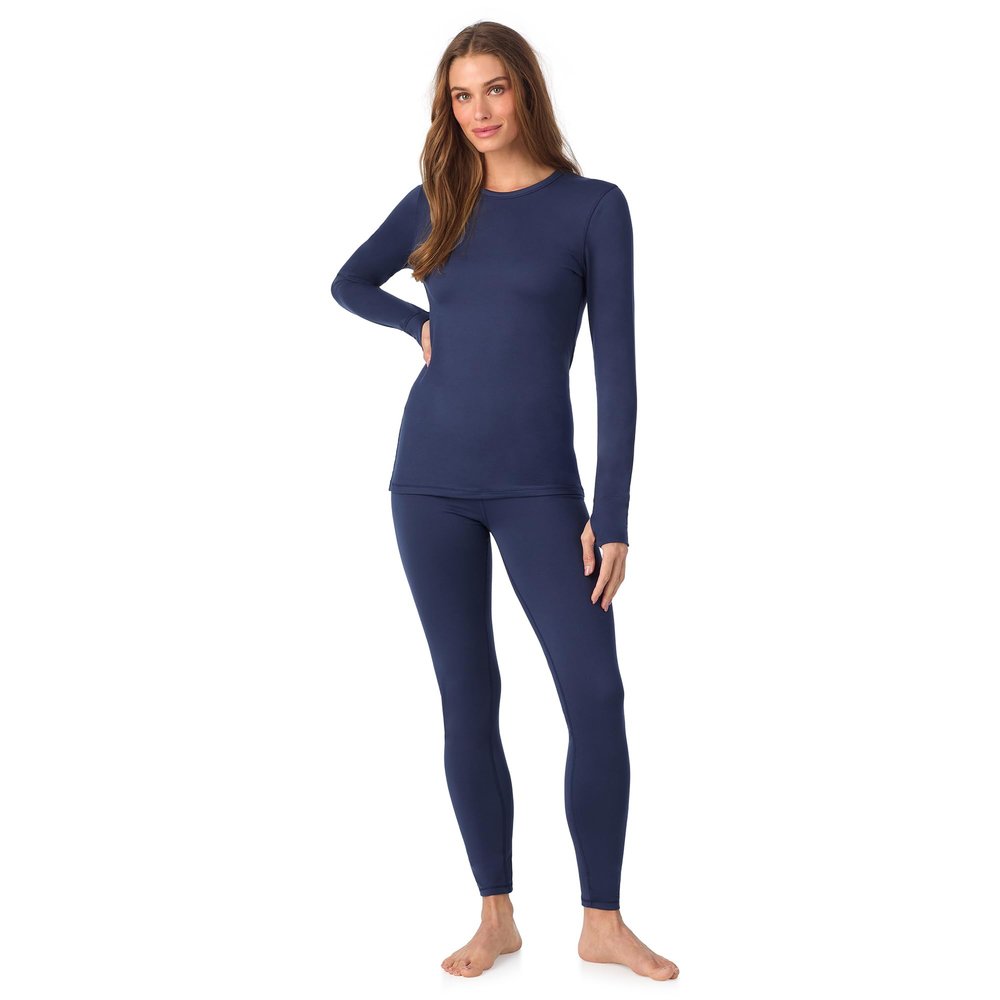 Cuddl Duds Womens Heavyweight Fleece 2 Piece Long Sleeve Thermal Underwear Set Shirt & Leggings Base Layer for Cold Weather Winter Clothing Long Johns Lounge Sets for Women, Navy Blue, XL