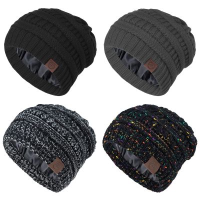 American Trends Satin Lined Beanie Hats Winter Hats for Women Cable Warm Knit Thick Slouchy Beanie Black&Dark Grey&Black Mix&Black Grey