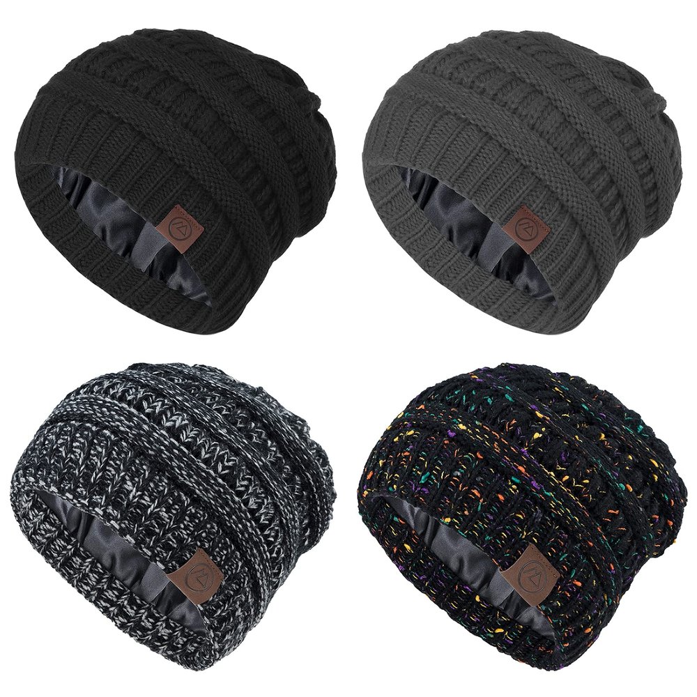 American Trends Satin Lined Beanie Hats Winter Hats for Women Cable Warm Knit Thick Slouchy Beanie Black&Dark Grey&Black Mix&Black Grey