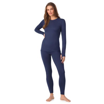 Cuddl Duds Womens Heavyweight Fleece 2 Piece Long Sleeve Thermal Underwear Set Shirt & Leggings Base Layer for Cold Weather Winter Clothing Long Johns Lounge Sets for Women, Navy Blue, XXL