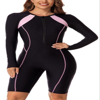 Long Sleeves Knee Length Boyleg one Piece Rashguard Swimsuit for Women Zip Front Printed Athletic Swimwear surf Suit for Snorkeling Diving