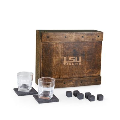 PICNIC TIME NCAA LSU Tigers Whiskey Box Gift Set, Whiskey Glasses Set of 2, Whiskey Stones Gift Set, (Oak Wood)