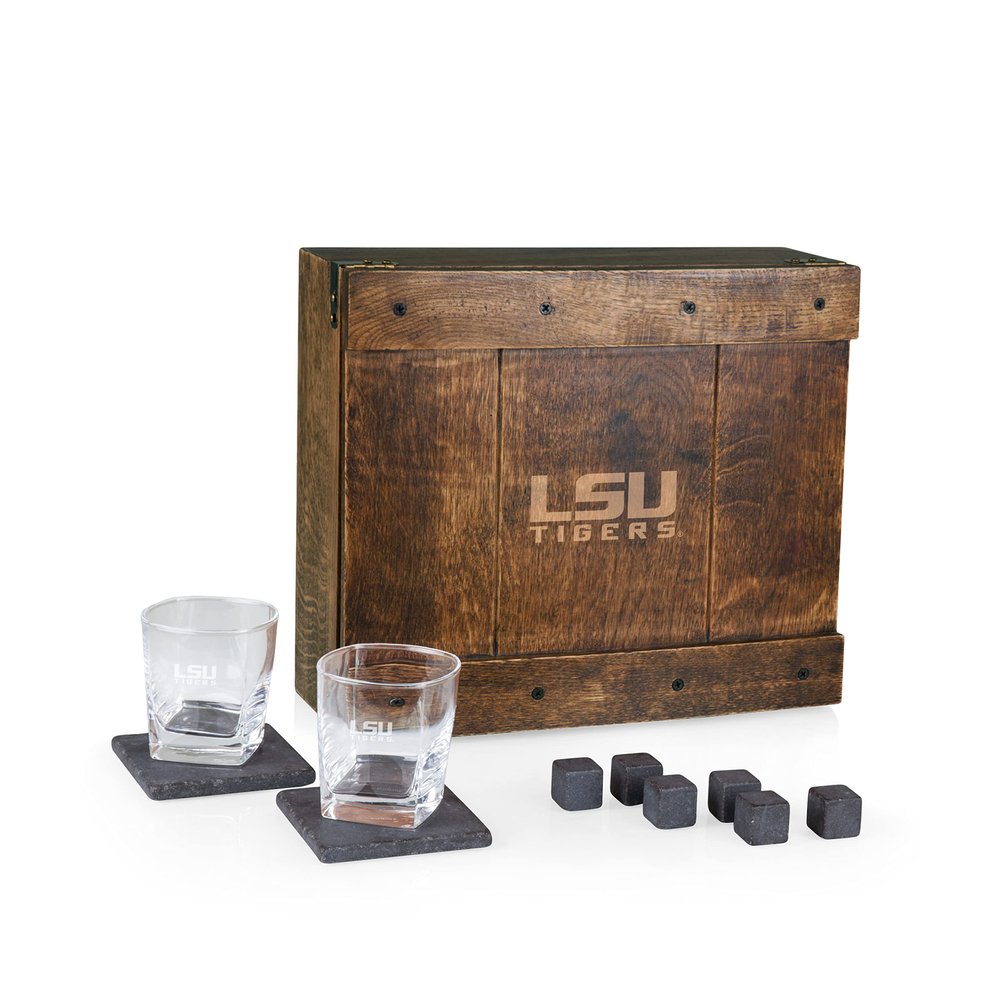PICNIC TIME NCAA LSU Tigers Whiskey Box Gift Set, Whiskey Glasses Set of 2, Whiskey Stones Gift Set, (Oak Wood)