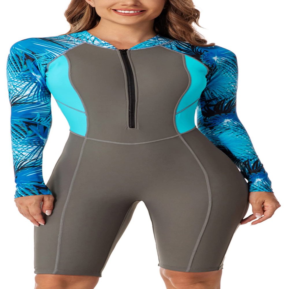 Boyleg Swimsuit for Women Sun Protection Diving Surfing Suit Long Sleeve Rash Guard One Piece Wetsuit with Shorts