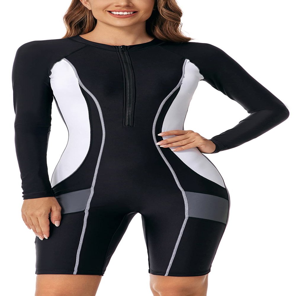 FEOYA Women's Rashguard Long Sleeve UV Protection One Piece Surfing Suit Boyleg Shorty Swimsuit for Diving Canoeing Kayaking Snorkeling