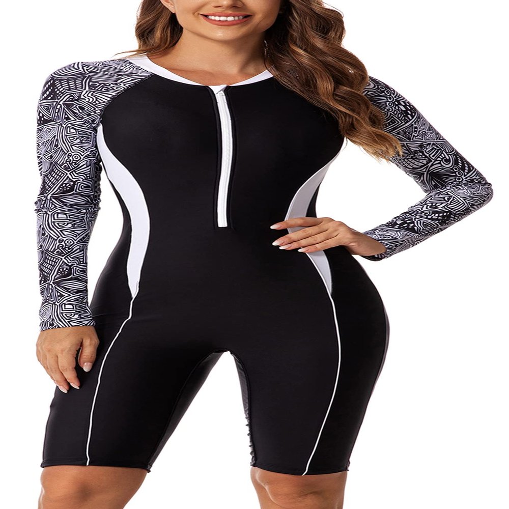 FEOYA Womens Boyleg One Piece Rashguard Swimsuit Printed Long Sleeve Sporty Athletic Diving Suit Surfwear for Snorkeling Kayaking