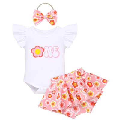 Baby Girls Boho Rainbow 1st Birthday Outfit Bohemian Floral Romper Tutu Skirt with Diaper Cover Bloomers Headband Infant First Birthday Cake Smash Outfit for Photo Prop Pink Flower One 12-18 Months