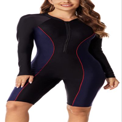 Colorblock One Piece Rash Guard for Women Long Sleeve Sun Protection Swim Suit Summer Boyleg Shorty Wetsuit Bathing Suit for Kayaking Snorkeling