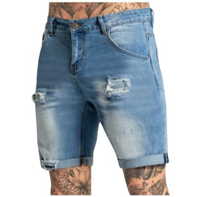 Diesel Men's Ripped Trunks Stretchy Washed Jeans Shorts, Signature Biker (A-Sky Blue, Large)