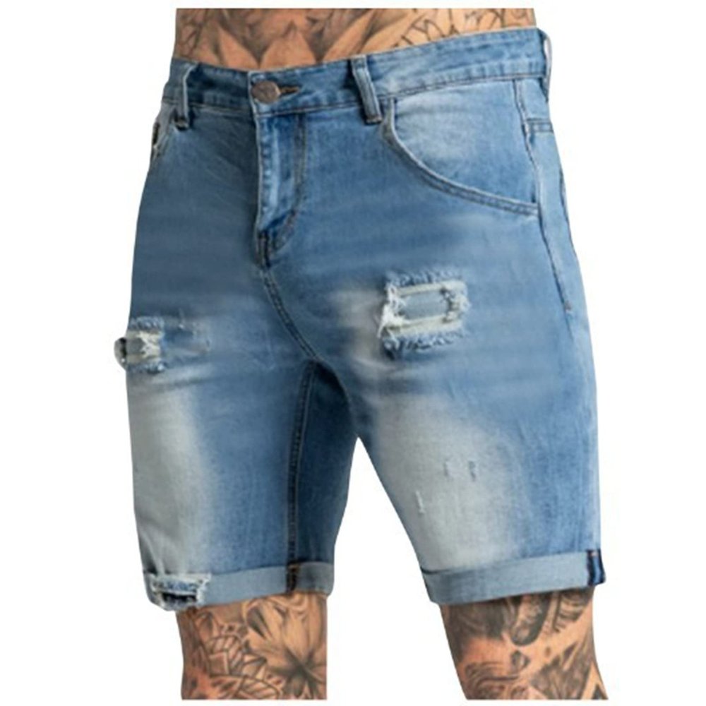 Diesel Men's Ripped Trunks Stretchy Washed Jeans Shorts, Signature Biker (A-Sky Blue, Large)