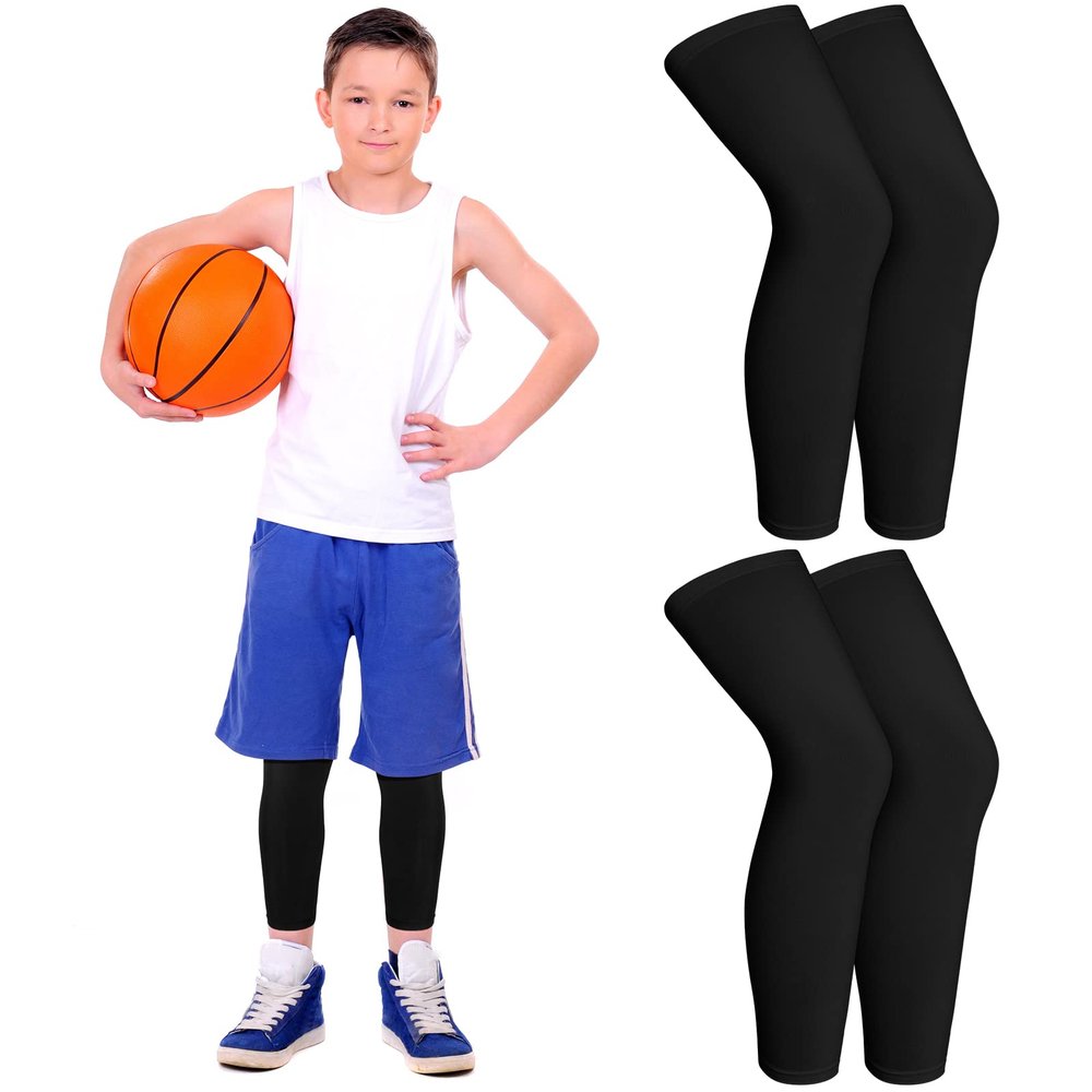 Geyoga 2 Pairs Kids Long Compression Leg Sleeves Long Knee Sleeves UV Protection for Boy Girl Youth Basketball Running Sport(Medium,Black)