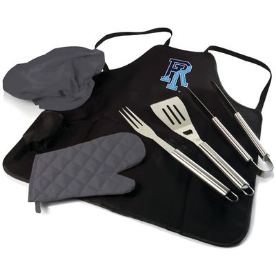 PICNIC TIME NCAA Rhode Island Rams BBQ Apron Tote Pro Grill Set, Heavy Duty BBQ Apron for Men with BBQ Accessories, Cooking Apron with BBQ Tools, (Black with Gray Accents)