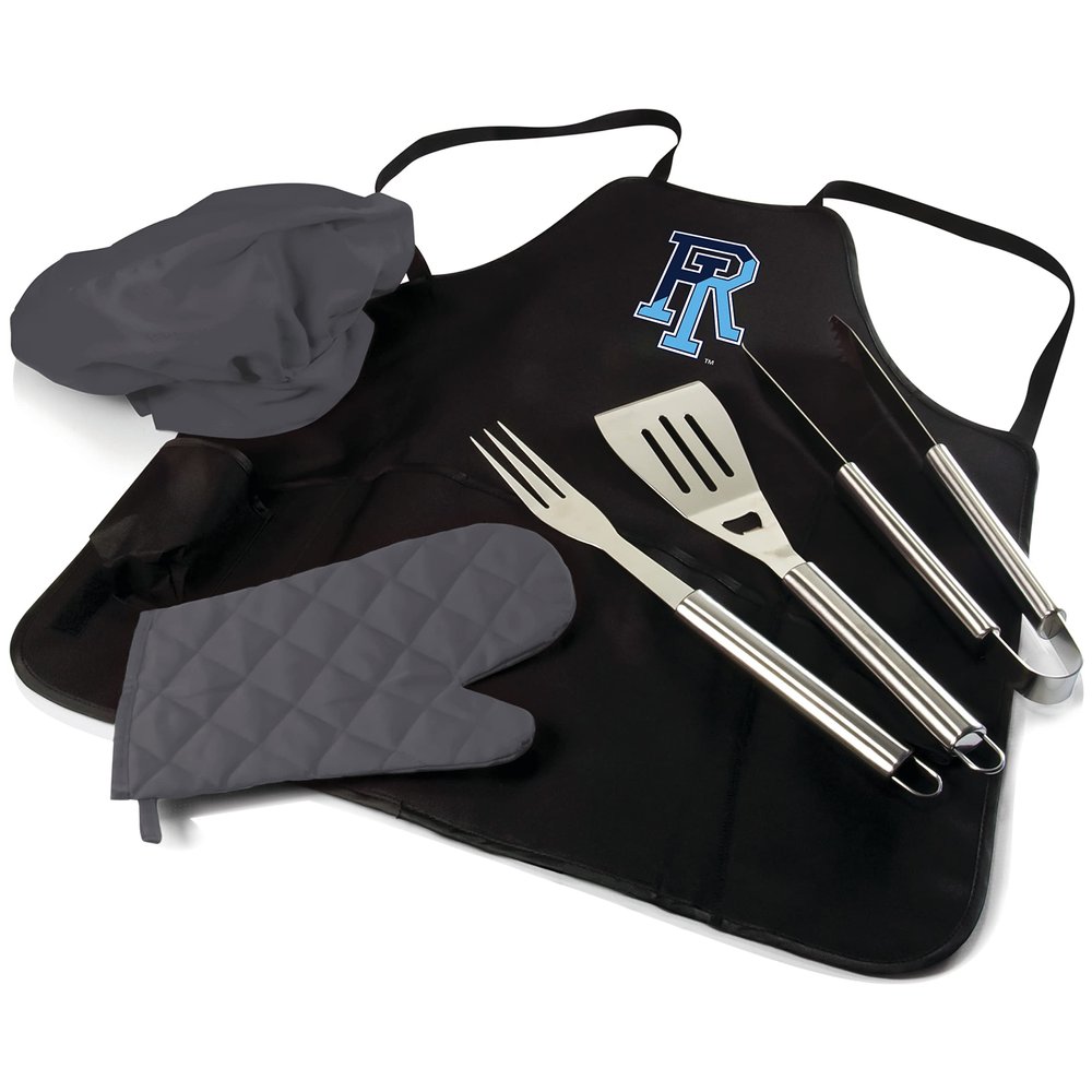 PICNIC TIME NCAA Rhode Island Rams BBQ Apron Tote Pro Grill Set, Heavy Duty BBQ Apron for Men with BBQ Accessories, Cooking Apron with BBQ Tools, (Black with Gray Accents)