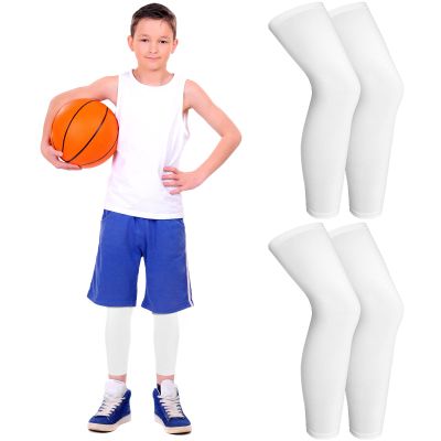 Geyoga 2 Pairs Kids Long Compression Leg Sleeves Long Knee Sleeves UV Protection for Boy Girl Youth Basketball Running Sport(Small,White)