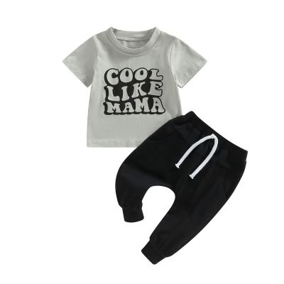 GOOCHEER Summer Outfit Infant Baby Boy Letter Short Sleeve T-shirt Tops and Jogger Pants Toddler Boy 2PCS Clothes Set (Light Grey Black, 0-6 Months)
