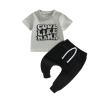 GOOCHEER Summer Outfit Infant Baby Boy Letter Short Sleeve T-shirt Tops and Jogger Pants Toddler Boy 2PCS Clothes Set (Light Grey Black, 0-6 Months) view 1
