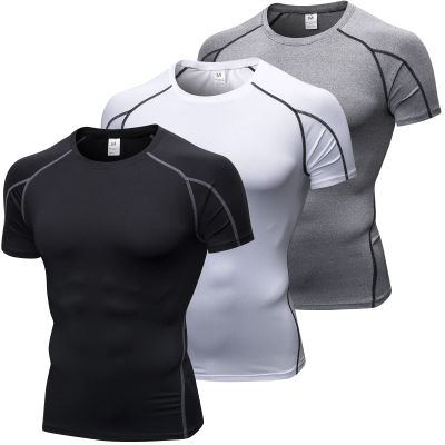 3 Pack Workout Compression Shirts Men Short Sleeve Rash Guard Athletic Undershirt Gear T Shirt for Football Basketball
