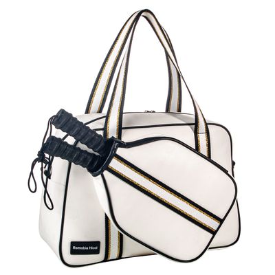 White PU Leather Women Sports Shoulder Gym Bag Pickleball Duffle Bag Pickleball Tote Bag with Front Pocket for 2 Paddles, Inner Storage Pockets, Mesh Water Bottle Holder and Adjustable Shoulder Strap