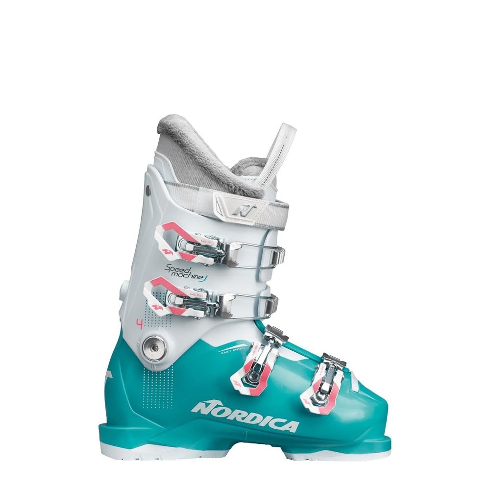 Nordica Speedmachine J4 Kid's Alpine Ski Boot, Light Blue/White/Pink, 26.5